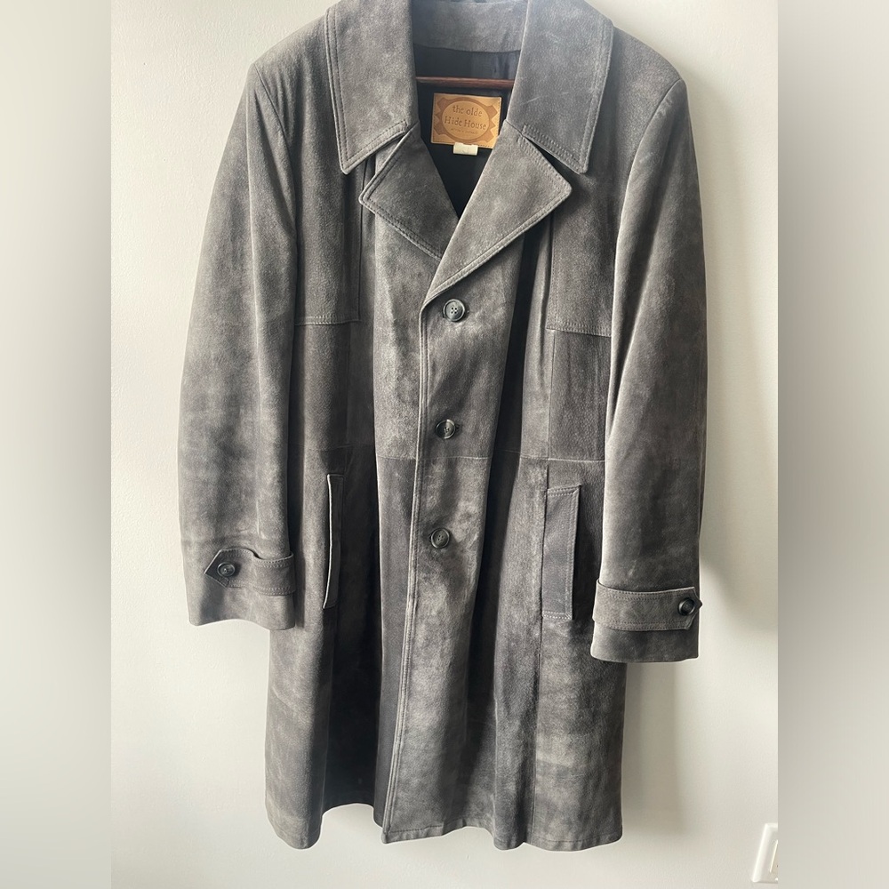 Men's Gray Suede Long Coat - Classic Button Front